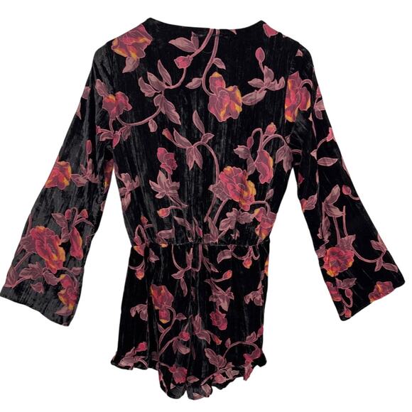 Velvet Burnout Romper Black Pink Floral Bell Sleeve Lightweight Size M Bohemian - Picture 5 of 11